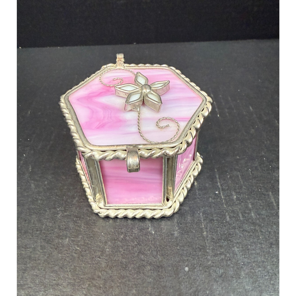 Stained Glass Trinket Box Hexagon Pink Flower Star Top Etched Glass Bottom - Picture 2 of 10